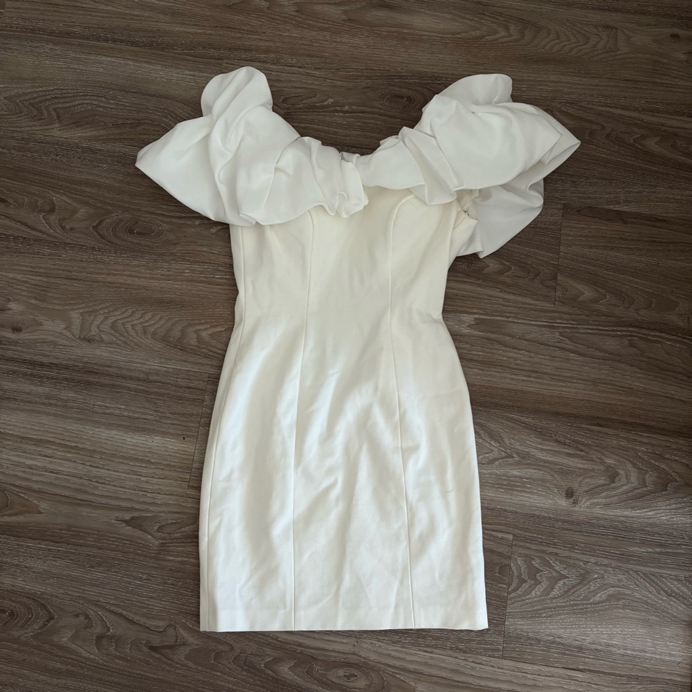 Sherri Hill off the shoulder white mini dress.